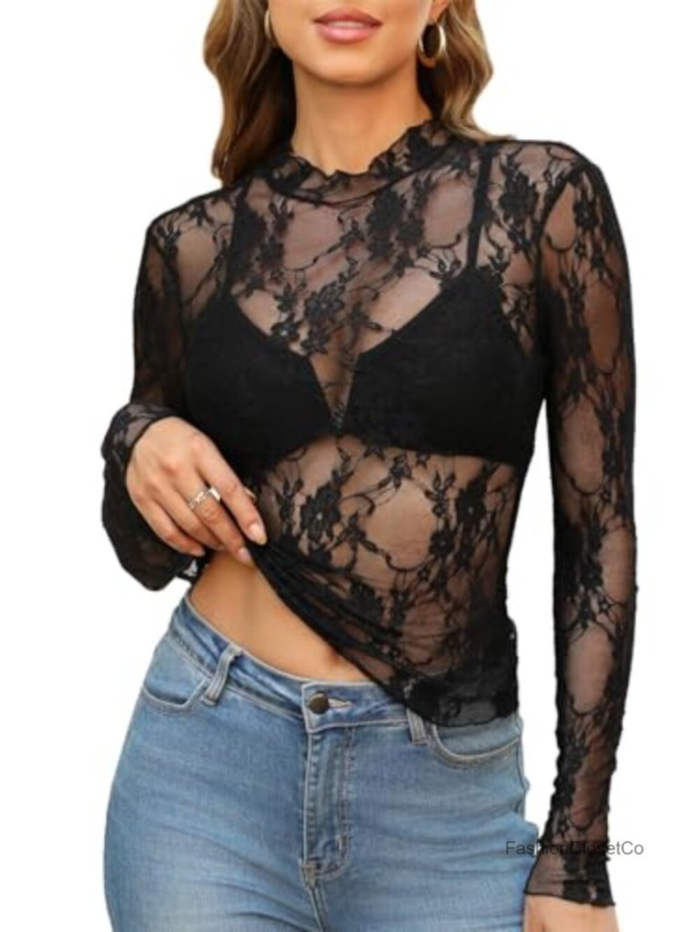 Sheer Mesh Blouse Long Sleeve Mock Neck Womens Top